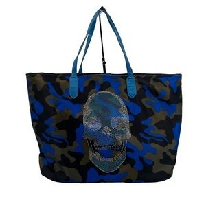 Blue Black Camouflage Rhinestone Skull Head Shoulder Bag